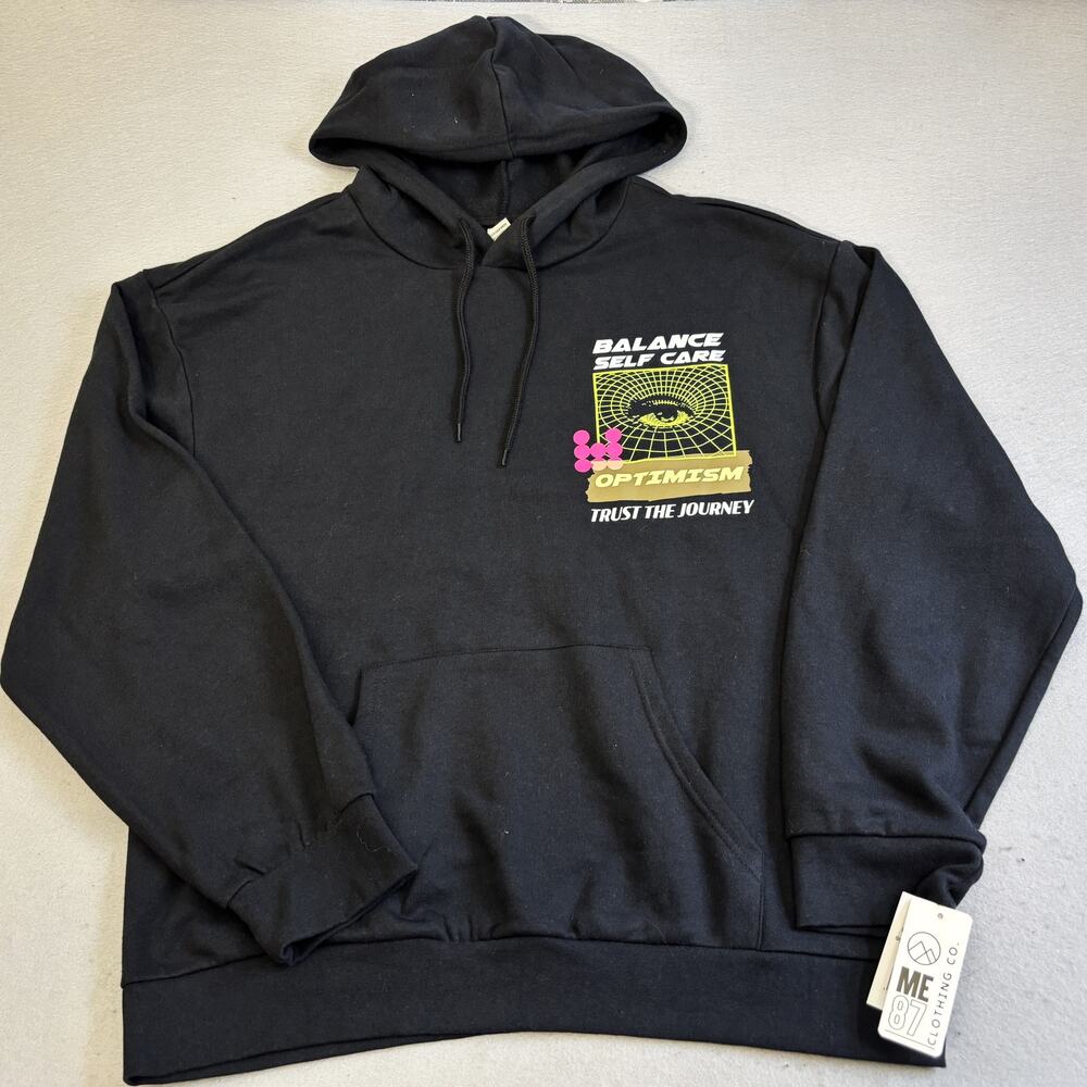 ME87 Hoodie Mens XL Optimism Self Care Balance Trust Journey Black Sweatshirt